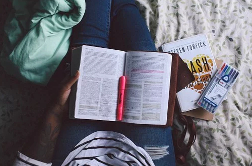 The person reading the book. There is a highlighter on the book that the person uses to mark information.